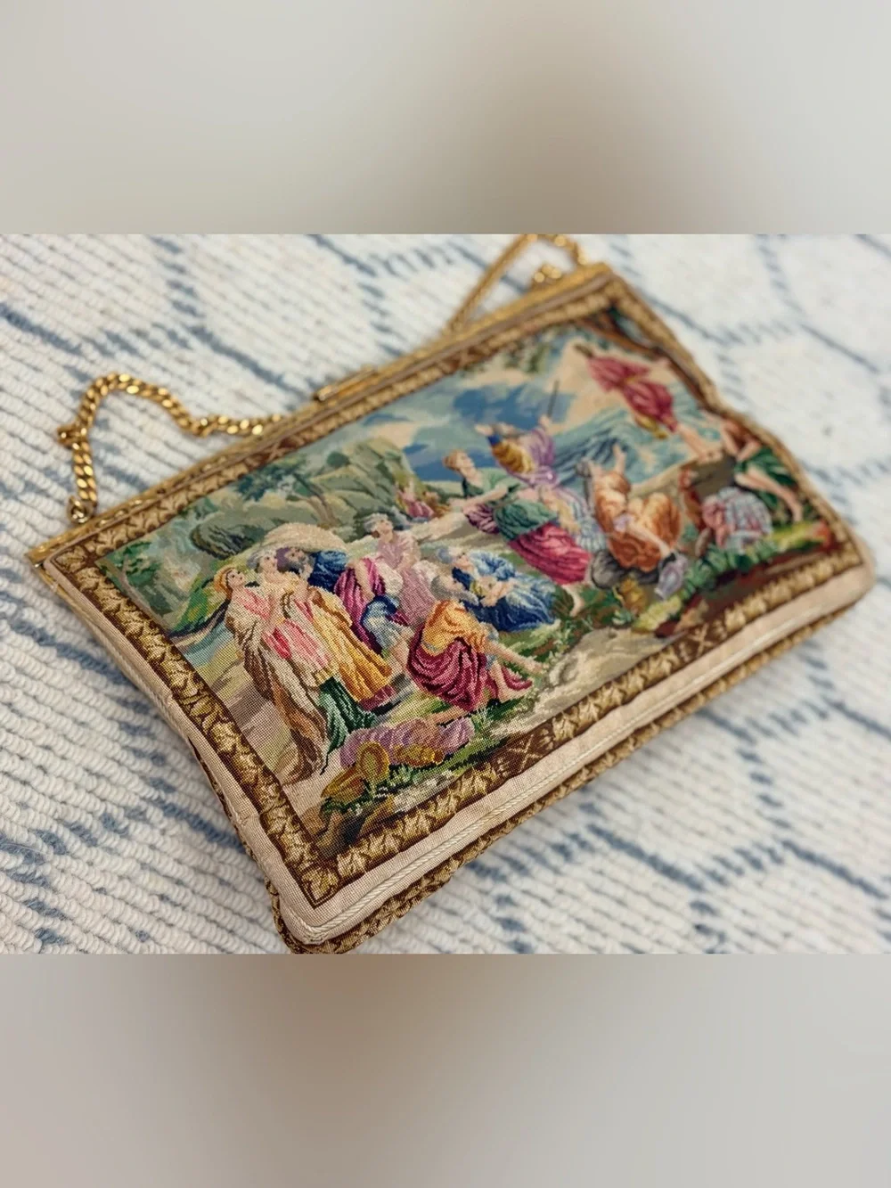 1930’s Vintage Scenic Tapestry Rhinestone Fleur-de-Lis-Clasp Coquette Handbag - Picture 7 of 16